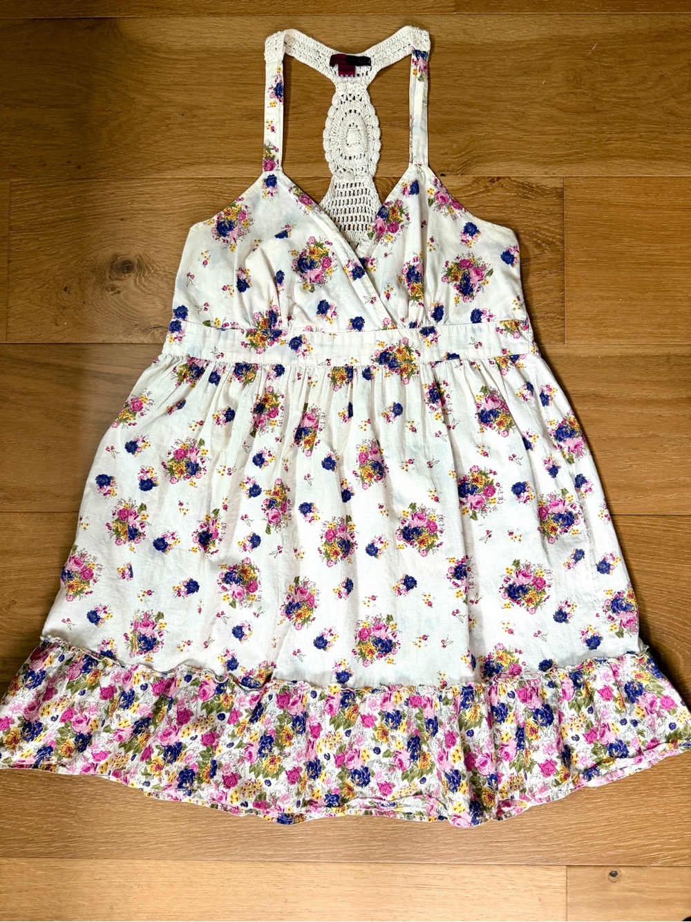 VTG Kool Hearts Y2K Babydoll Mini Dress Floral Crochet Racerback Women's Medium